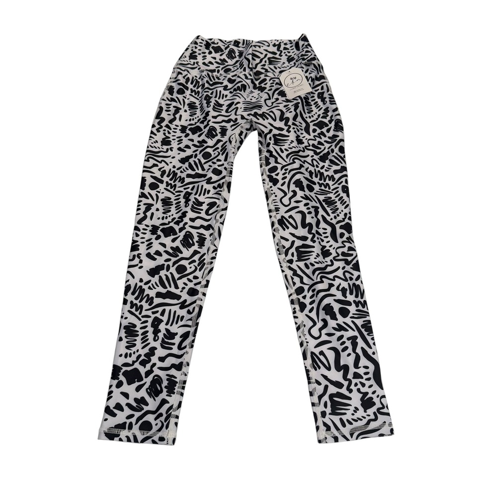 EBA Fitness High Waisted Abstract Doodle Print Leggings Black White One Size NEW